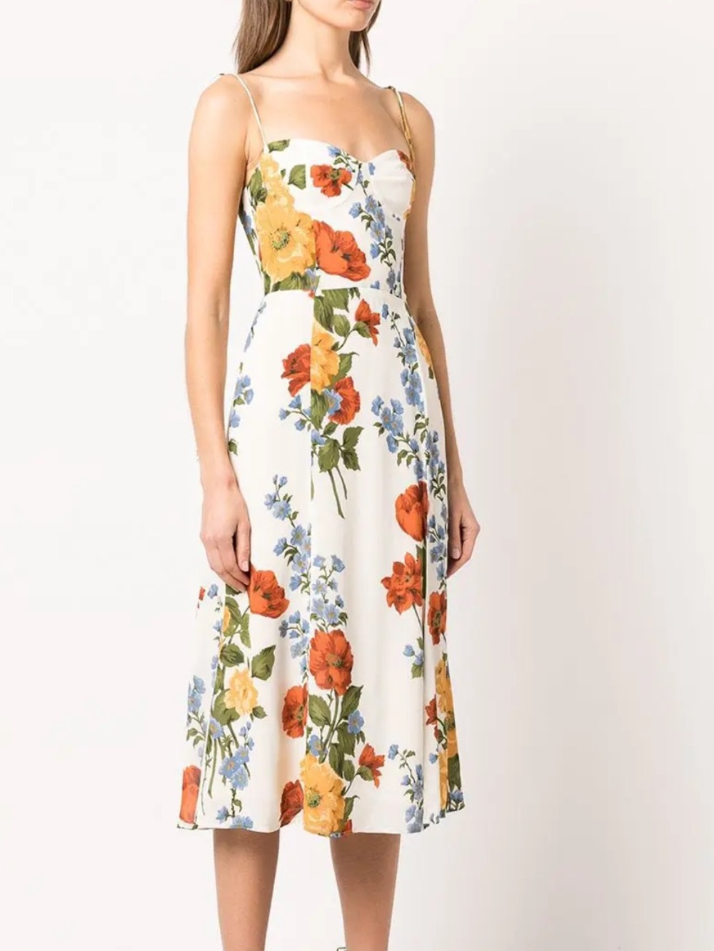 Reformation Juliette Floral Spaghetti-Strap Midi Dress with Red & Blue Bloom